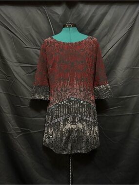 Red Black and White Velvety pattern Tunic Top